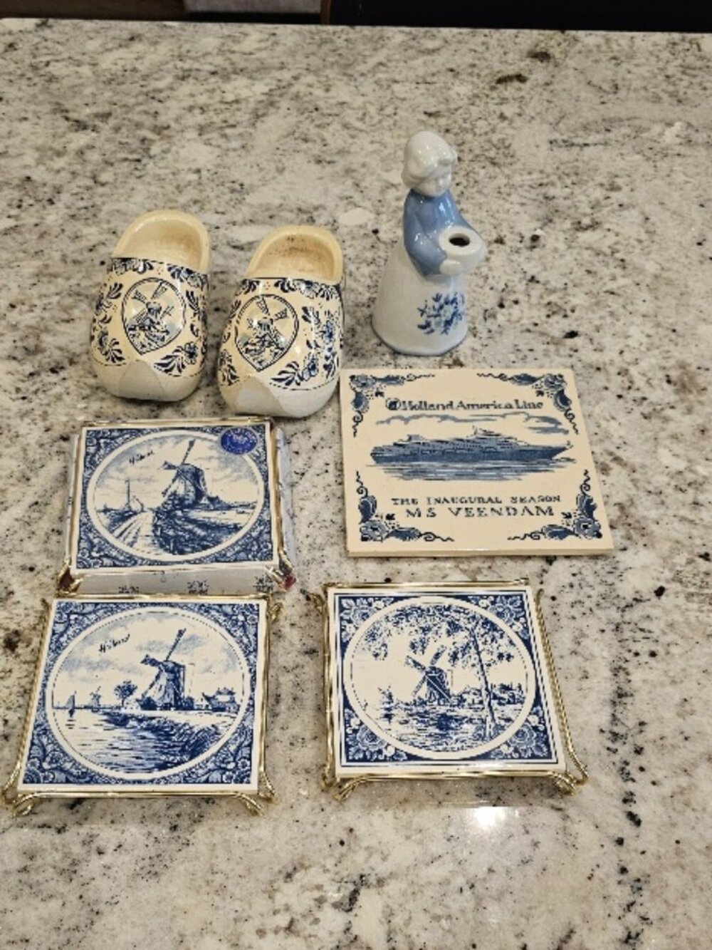 Dutch Holland Ceramic Blue White Trivet Trivets Windmill Wood Shoes, Figurine